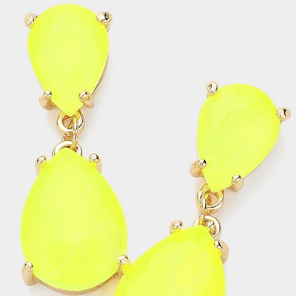 Neon Yellow Dangle Crystal Teardrop Earrings 1.4 Inch Evening Drop Link Women - Picture 2 of 2
